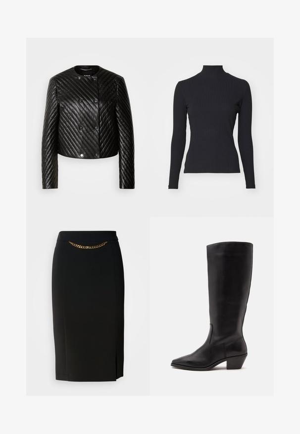 Sort quiltet læderjakke med rund hals, lange ærmer og trykknapper, med diagonale syninger og en kort design.; Sort ribbet turtle-sweater med lange ærmer. Lavet af strækbart stof med en tætsiddende pasform og høj krave. Enkel design uden udsmykninger.; Sort blyantskirt med et lille slids, der har en guld kædedetalje ved livet. Lavet af et glat, strækbart stof for komfort.; Sort læderstøvle til midtkalv med spids tå og lavt skråt hæl på en enkel lys baggrund.