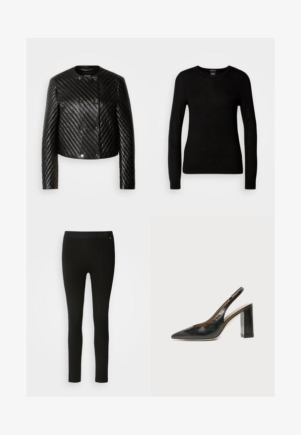 Chaqueta de cuero acolchada negra con cuello redondo, mangas largas y cierres a presión, con patrones de costura en diagonal y un diseño corto.; Suéter negro confeccionado en un material de punto fino, con cuello redondo y mangas largas con puños ajustados. Sin patrones ni adornos visibles.; Leggings negros con una textura suave, que cuentan con una cinturilla flexible y sutiles detalles en las costuras. Sin patrones ni elementos de hardware presentes.; Zapato slingback de piel negra con puntera puntiaguda, tacón alto y ancho, y forro interior beige sobre un fondo claro y liso.