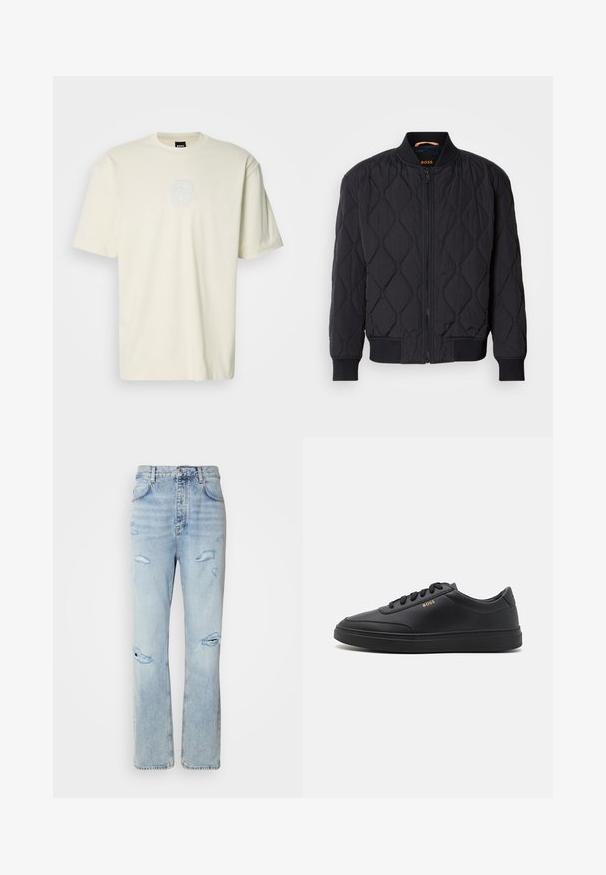 Veste bomber matelassée noire avec col et poignets en côte, motif structuré en losanges et fermeture éclair à l'avant. Marquage à l'intérieur du col.; T-shirt en coton crème à manches courtes, coupe décontractée, encolure ronde, avec un logo texturé gris subtil à l'avant.; Jean en denim délavé avec une coupe décontractée, présentant des zones déchirées et des bords effilochés. Le tissu a une texture douce et lisse.; Baskets en cuir noir avec une texture lisse, bout rond, semelle en caoutchouc plate et lacets ton sur ton. Présente une marque "BOSS" dorée sur le côté.
