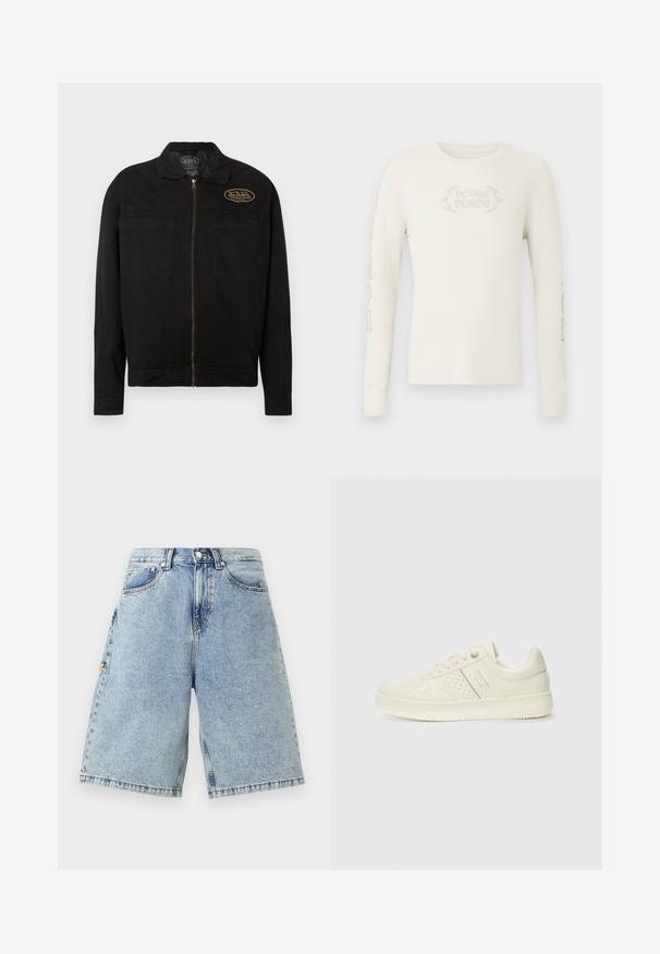 Sort lynlåstrøje med to forlommer og et lille ovalt Van Dutch-logo på øverste venstre bryst.; Langærmet cremefarvet ribstrikket T-shirt med "DODGE DEMON" broderet på forsiden og grafik trykt på højre ærme. Blød tekstur.; Blå denim shorts med høj talje, løs pasform, fem lommer og synlige sy-detaljer. Glat tekstur med en lys vaskefinish.; Cremefarvet sneaker med perforeret detaljering, snørebånd og logo på siden, præsenteret mod en simpel hvid baggrund.