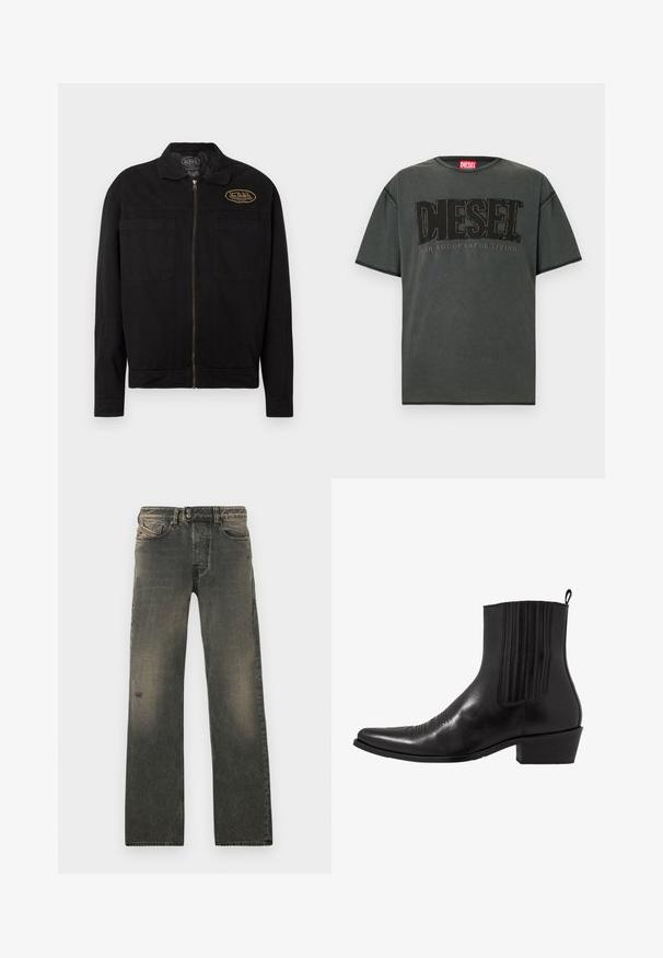 Chaqueta negra con cremallera, dos bolsillos delanteros y un pequeño parche ovalado con el logo de Van Dutch en la parte superior izquierda del pecho.; Camiseta de manga corta en gris oscuro hecha de algodón. Cuenta con un gran logo negro de DIESEL y el texto "FOR SUCCESSFUL LIVING" en un diseño contrastante.; Vaqueros de mezclilla gris con un corte holgado, con cierre de botón, sutil desgaste y rasgaduras cerca de la rodilla. Diseño de cinco bolsillos.; Bota de cuero negro hasta el tobillo con punta afilada, paneles laterales elásticos, acentos de costura vertical y un tacón bajo y cuadrado.