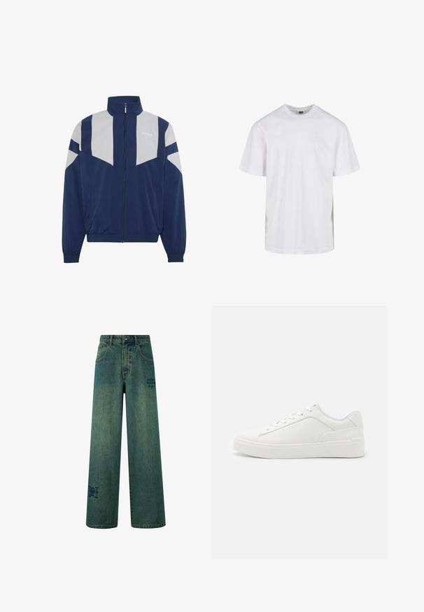 Marineblaue und hellgraue Adidas Trainingsjacke mit durchgehendem Frontreißverschluss, hohem Kragen, elastischen Bündchen und Adidas-Logo auf der linken Brust.; Schlichtes weißes T-Shirt mit kurzen Ärmeln und Rundhalsausschnitt in entspannter Passform, vor weißem Hintergrund dargestellt.; Weite Jeans aus dunkelblauem Denim mit einer dezenten, verblassten Textur. Mit Gesäßtaschen und einem dekorativen Logodetail.; Weiße Low-Top-Sneaker aus glattem Leder mit runder Schuhspitze, flachen Sohlen und dezentem Branding an der Seite.