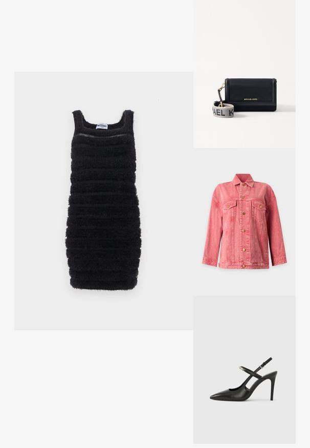 Veste en jean rose avec fermeture à boutons sur le devant, deux poches poitrine à rabat, manches longues et col classique sur fond uni.; Robe noire cintrée sans manches avec des rayures horizontales texturées et duveteuses et un décolleté carré, étiquetée Moschino.; Escarpins slingback en cuir noir avec bout pointu, design ajouré et bride ajustable ornée de ferrures métalliques.; MICHAEL Michael Kors JET SET SM PHONE WBG XBODY - Sac bandoulière - black