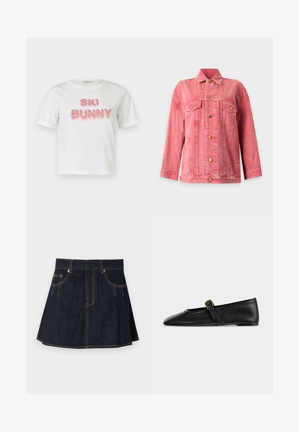 Veste en jean rose avec fermeture à boutons sur le devant, deux poches poitrine à rabat, manches longues et col classique sur fond uni.; T-shirt en coton blanc avec l'inscription « SKI BUNNY » en lettres en fausse fourrure rose en relief. Manches courtes et col rond.; Jupe en denim bleu foncé, avec un design évasé, des passants de ceinture, des poches avant et des coutures contrastantes le long des coutures.; Chaussure plate Mary Jane en cuir noir à bout pointu avec une fine bride munie d'une petite boucle dorée, présentée de côté sur un fond uni.