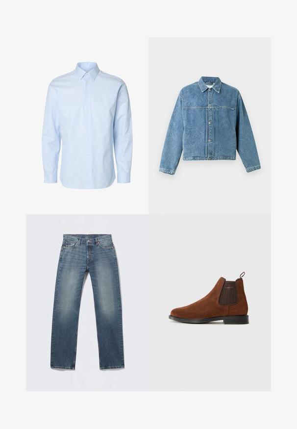 Blaue Jeansjacke mit dezenten abstrakten Nähten, durchgehender Knopfleiste, Kragen und langen Ärmeln vor einem schlichten hellen Hintergrund.; Hellblaues Herrenhemd mit langen Ärmeln, durchgehender Knopfleiste und Standardkragen auf weißem Hintergrund.; Blaue Denim-Jeans, gerade geschnitten, mittlere Waschung mit ausgewaschenen Stellen, fünf Taschen, Kupfernieten und kontrastierende Nahtdetails.; Braune Wildleder Chelsea-Stiefel mit elastischem Seiteneinsatz, Schlaufe hinten, schwarzer Sohle und dezentem "GANT"-Logo auf dem Seiteneinsatz.