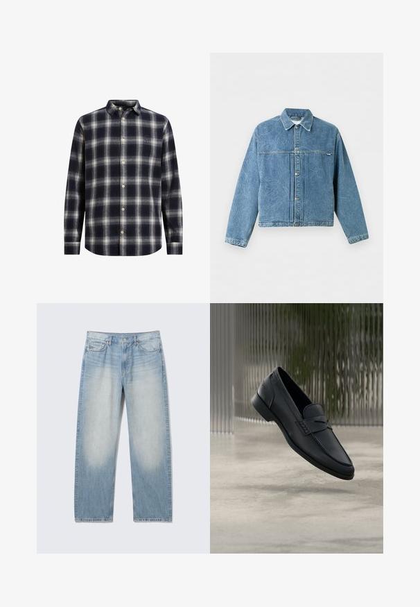 Blå denimjakke med subtil abstrakt syning, knaplukning foran, krave og lange ærmer mod en ensartet lys baggrund.; Marineblå og cremeplaid flannel skjorte med knapkrave, lange ærmer og beige knapper; har en blød tekstur og en struktureret form.; Lyseblå straight-leg denim jeans med falmede forside på lårene, fem-lomme stil, knaplukning og bæltestropper.; Sort læderloafer med glat finish, spids tå og sømdetaljer over vristen. Lav hæl og minimalistisk design.