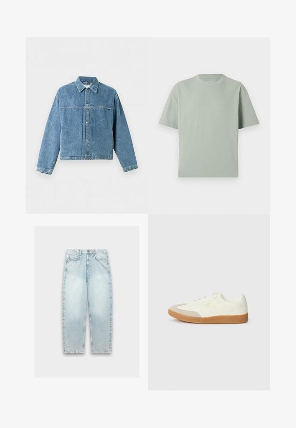 Blaue Jeansjacke mit dezenten abstrakten Nähten, durchgehender Knopfleiste, Kragen und langen Ärmeln vor einem schlichten hellen Hintergrund.; Schlichtes, hellgrünes T-Shirt mit kurzen Ärmeln und Rundhalsausschnitt, gerader Saum, auf einer weißen Fläche flach liegend dargestellt.; Helle blaue Denim-Jeans mit weitem Schnitt, geradem Bein, verblasster Textur, Fünf-Taschen-Design und Metallknopfverschluss am Bund.; Sneaker aus weißem Leder mit einer beigen Zehenkappe und leichter brauner Gummisohle. Verfügt über flache weiße Schnürsenkel und geprägtes Branding an der Seite.