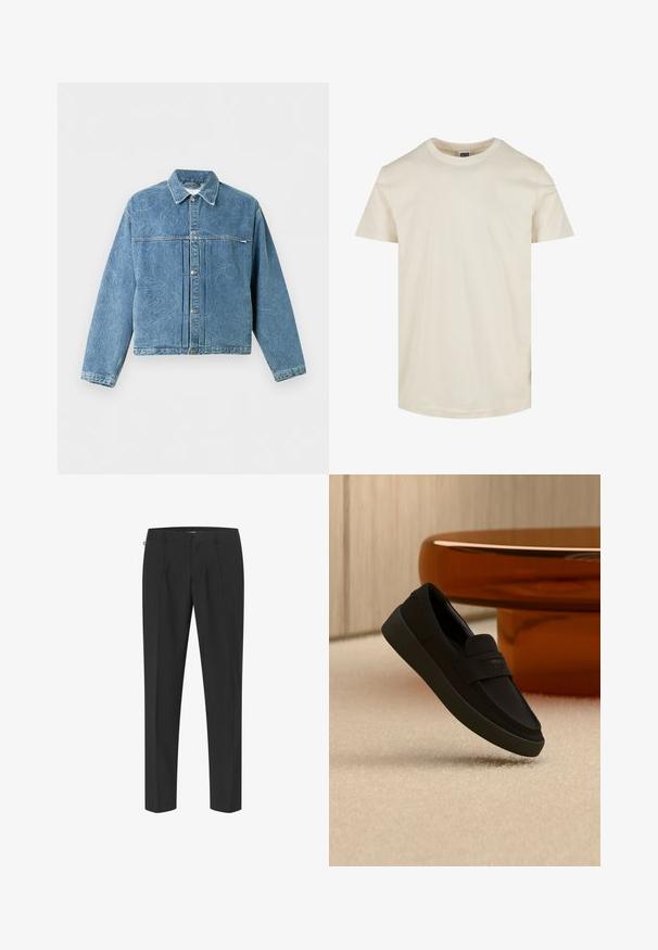 Blå denimjakke med subtil abstrakt syning, knaplukning foran, krave og lange ærmer mod en ensartet lys baggrund.; Kortærmet t-shirt med rund hals i en lys beige farve. Fremstillet af blød bomuld, har en glat tekstur og en lige kant.; Sorte skræddersyede bukser med et elegant design, der har frontfolder, lige ben og en glat tekstur. Minimalt hardware og ingen synlige mønstre.; Sort slip-on loafer med tyk sål hængende over beige tæppe, med et moderne brunt rundt bord i baggrunden.