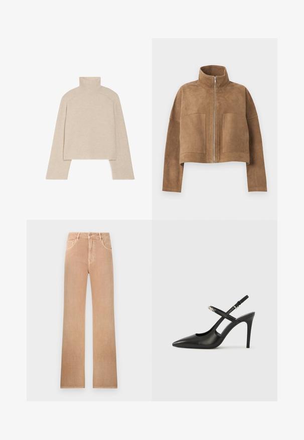 Bruine suède cropped jas met ritssluiting aan de voorkant, hoge kraag, lange mouwen en twee grote voorzakken.; Beige geribbelde coltrui met lange mouwen en een slimfit ontwerp, voorzien van een hoge kraag en een gestructureerd breipatroon.; High-waist rechte jeans in lichtbruin met voorste knoop, ritssluiting, lussen voor een riem en een ontwerp met vijf zakken.; Zwarte leren slingback pumps met hoge hak, puntige neus, opengewerkt ontwerp en verstelbare band met metalen beslag.