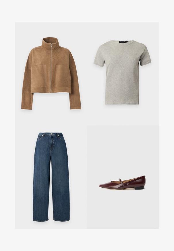 Veste courte en daim marron avec fermeture éclair à l'avant, col montant, manches longues et deux grandes poches avant.; T-shirt en coton gris clair à manches courtes et col rond avec une étiquette noire visible à l'intérieur du col indiquant "DENIM" et la taille "S."; Jeans en denim à jambe large dans un bleu foncé. Fabriqués en coton robuste avec une texture lisse. Présentent une fermeture à bouton et un design classique à cinq poches.; Chaussure plate en cuir verni bordeaux avec un bout pointu et une sangle décorative sur le cou-de-pied. Présente un petit talon noir.