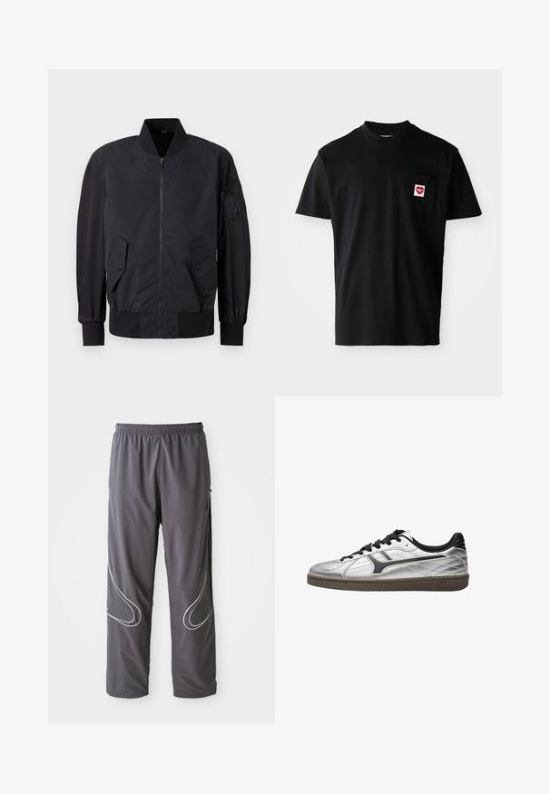 Sort bomberjakke med lynlås foran, to knap-lommer, ribbede manchetter og et stofmærke på ærmet. Glat, mat tekstur.; Sort bomulds t-shirt med rund halsudskæring, korte ærmer og en venstre brystlomme med et rødt hjertepude og hvid tekst.; Herrernes grå sportbukser med elastisk linning, lynlåslommer og reflekterende hvide detaljer på siderne. Letvægtig, glat tekstur.; Hvid og sort lavtop-sneaker med sorte snørebånd, sort indre foring og brun sål, set fra skoens yderside på en hvid baggrund.