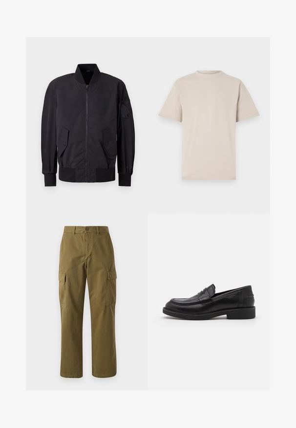 Sort bomberjakke med lynlås foran, to knap-lommer, ribbede manchetter og et stofmærke på ærmet. Glat, mat tekstur.; Beige kortærmet t-shirt med rund hals, lavet af glat bomuldsstof, med en afslappet pasform og uden synlige mønstre eller udsmykninger.; Oliven grønne cargo bukser lavet af bomuld, med lige ben, front knaplukning og to sidelommer med klaplukninger.; Sorte læder loafers med en rund tå, tonale syninger og en stropdetalje foran. Gummisål med en lav hæl.