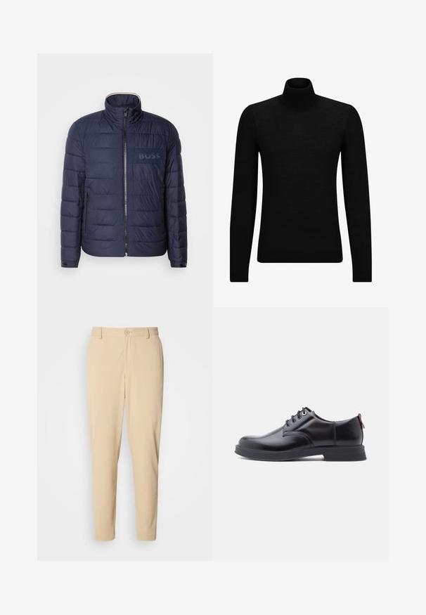 Marineblå pufferjakke med høj krave, lynlås lukning, to sidelommer og et tekstureret 'BOSS' logo patch på brystet.; Sort turtleneck sweater lavet af blødt materiale, med lange ærmer og en tætsiddende pasform. Ribbet trim ved kanten og manchetter. Simpelt design.; Beige bukser med struktur i slim fit, med knaplukning foran, bæltestropper og sidelommer. Glat stoffinish.; Sorte snørestøvler i læder med glat tekstur, rundet tå og diskrete syningsdetaljer. Har en rød trækflig på hælen.