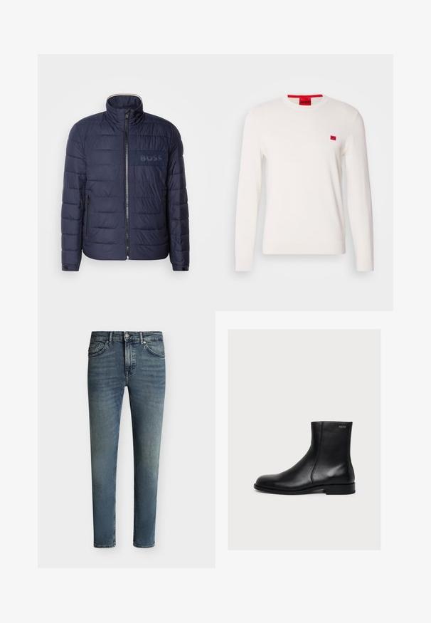 Marineblauwe pufferjack met hoge kraag, ritsluiting, twee zijzakken en een getextureerde 'BOSS' logo patch op de borst.; Witte crewneck sweater met lange mouwen, gemaakt van zachte stof. Beschikt over een klein rood logo-label op de borst en een contrasterend rood label aan de halslijn.; Blauwe uitgebleekte slim-fit jeans met vijf zakken en een knoop- en ritssluiting op een effen achtergrond.; Zwarte gladde lederen enkellaars met lage hak en zijrits, gelabeld Hugo vlak bij de bovenrand.