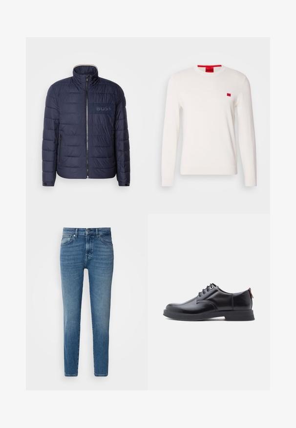 Veste matelassée bleu marine avec un col montant, fermeture éclair, deux poches latérales et un écusson logo 'BOSS' texturé sur la poitrine.; Pull en col rond blanc avec des manches longues, fabriqué en tissu doux. Il présente un petit patch logo rouge sur la poitrine et une étiquette rouge contrastante sur le col.; Jeans en denim bleu clair avec une coupe droite, design traditionnel à cinq poches, fermeture par bouton en métal et décoloration subtile à l'avant.; Chaussures en cuir noir à lacets avec une texture lisse, un bout arrondi et des détails de couture discrets. Présentent une languette rouge à l'arrière.