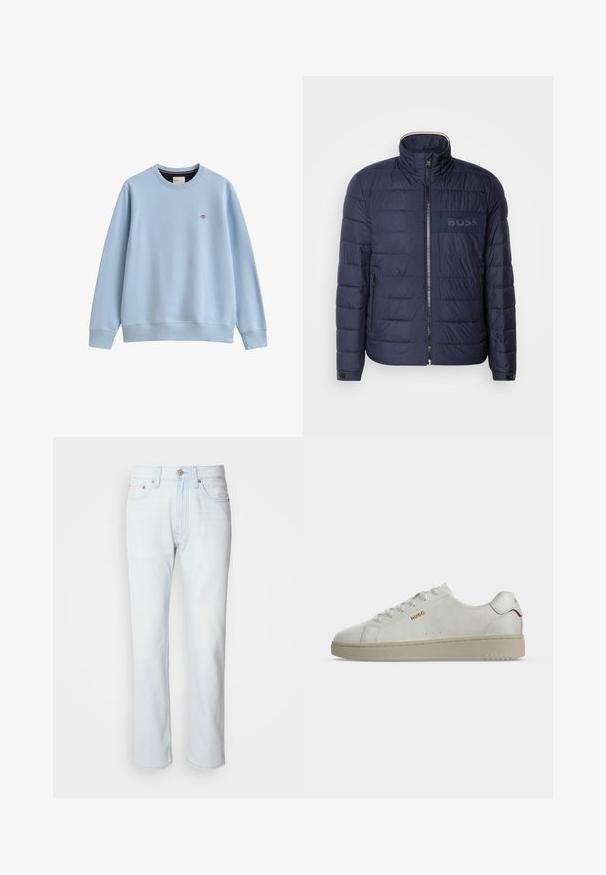 Veste matelassée bleu marine avec un col montant, fermeture éclair, deux poches latérales et un écusson logo 'BOSS' texturé sur la poitrine.; Sweat-shirt bleu clair à col rond avec poignets et ourlet côtelés, avec un petit logo brodé sur le côté gauche de la poitrine.; Jean en denim bleu clair avec une coupe droite. Présente une fermeture à bouton et des passants de ceinture, mettant en valeur une texture décolorée et des coutures minimalistes.; Baskets blanches basses avec semelle beige, logo doré "HUGO" sur le côté et accent rouge sur la languette du talon, vues de profil.