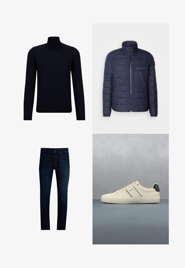 Veste matelassée bleu marine avec un col montant, fermeture éclair, deux poches latérales et un écusson logo 'BOSS' texturé sur la poitrine.; Pull en col roulé bleu marine foncé en tissu finement tricoté, à manches longues et à encolure haute ajustée. Sans motifs ni accents visibles.; Jean slim bleu foncé avec fermeture avant par boutons et zip, style cinq poches et légère décoloration sur les cuisses.; Baskets de couleur crème avec une texture lisse, dotées d'accents et de marquage noirs. Design classique à lacets avec un bout rond et une semelle en caoutchouc.