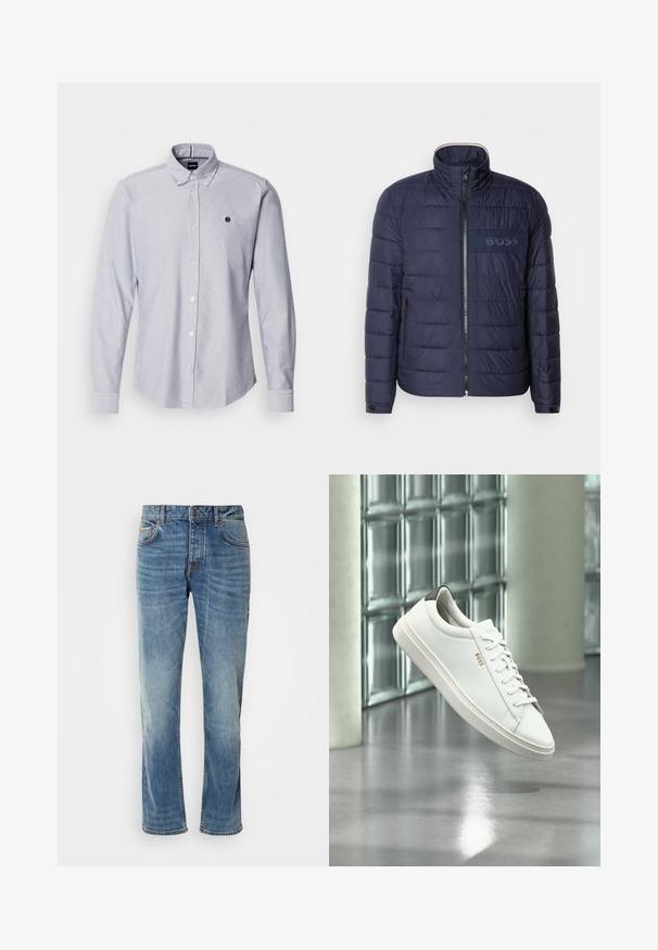 Navyblaue Steppjacke mit hohem Kragen, Reißverschluss, zwei seitlichen Taschen und einem strukturierten "BOSS"-Logopatch auf der Brust.; Himmelblaues Button-Up-Hemd mit langen Ärmeln, aus einem strukturierten Stoff gefertigt. Verfügt über ein kleines Logo auf der linken Brust und Standardmanschetten.; Helle blaue Jeans aus Denim mit geraden Beinen, fünf Taschen, kontrastierenden Nähten und einem abgewetzten Finish. Verfügt über einen Knopf- und Reißverschluss.; Weißer Leder-Low-Top-Sneaker mit Schnürsenkeln, schwarzer Fersenschlaufe und „BOSS“-Logo, der drinnen nahe einer Glassteinwand und einem polierten Boden schwebt.
