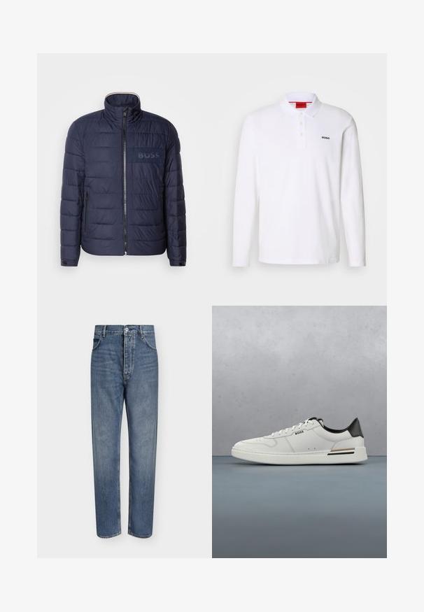 Navyblaue Steppjacke mit hohem Kragen, Reißverschluss, zwei seitlichen Taschen und einem strukturierten "BOSS"-Logopatch auf der Brust.; Weißes Langarm-Polohemd aus Baumwolle mit Kragen, Drei-Knopf-Leiste und schwarzem "HUGO"-Logo auf der linken Brust.; Gerade geschnittene blaue Jeans aus Denim mit hoher Taille, Frontknopfverschluss und Fünf-Taschen-Design auf einem schlichten hellen Hintergrund.; Weißer Sneaker mit niedrigem Schnitt und schwarzer Ferse, Schnürverschluss, dezenten Perforationen und "BOSS"-Logo an der Seite, gezeigt von der äußeren Seitenansicht.