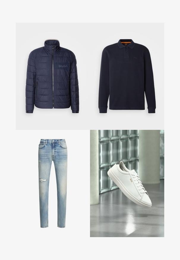 Chaqueta acolchada azul marino con cuello alto, cierre de cremallera, dos bolsillos laterales y un parche texturizado con el logo 'BOSS' en el pecho.; Polo de manga larga en color navy hecho de tejido texturizado con abertura en el cuello abotonada. Presenta un pequeño logo bordado en el pecho.; Jeans de mezclilla azul claro avec un acabado desgastado, detalle de rodilla rasgada, corte recto y estilo de cinco bolsillos. Incluye presillas para el cinturón clásicas.; Zapatilla deportiva de piel blanca de corte bajo con cordones, lengüeta negra en el talón y logo "BOSS", flotando en interiores cerca de una pared de bloques de vidrio y suelo pulido.