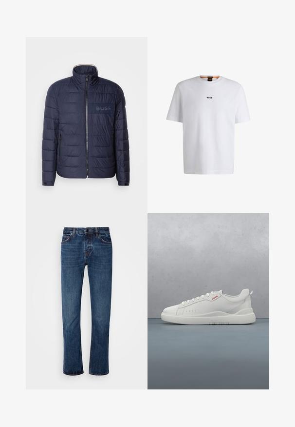 Σκούρο μπλε πούφρ jacket με ψηλό γιακά, κλείσιμο με φερμουάρ, δύο πλαϊνές τσέπες και υφασμάτινη ετικέτα λογότυπου 'BOSS' στο στήθος.; Λευκό βαμβακερό t-shirt με κοντά μανίκια, με μαύρο λογότυπο "BOSS" κεντραρισμένο στο στήθος και στρογγυλό σχέδιο λαιμόκοψης.; Ανδρικό μπλε τζιν παντελόνι με ίσια γραμμή, κανονική μέση, πέντε τσέπες και διακριτική φθορά κατά μήκος των μηρών.; Λευκό παπούτσι sneaker με λείο δερμάτινο φινίρισμα, στρογγυλή μύτη, τέσσερις τρυπούλες, διακριτές οπές και κόκκινη λεπτομέρεια λογότυπου στο πλάι.