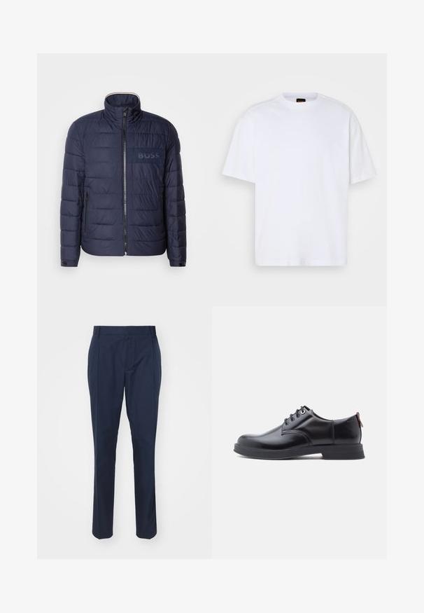 Navyblaue Steppjacke mit hohem Kragen, Reißverschluss, zwei seitlichen Taschen und einem strukturierten "BOSS"-Logopatch auf der Brust.; Weißes Baumwoll-T-Shirt mit Rundhalsausschnitt, kurzen Ärmeln und lässiger Passform. Verfügt über strukturierte Schulternaht für zusätzliche Details.; Navyblaue Hose aus glattem Stoff mit taillierter Passform, zwei Fronttaschen und einer Bügelfalte an jedem Bein für einen eleganten Look.; Schwarze Leder-Schnürschuhe mit glatter Textur, rundem Zehenbereich und dezenten Ziernähten. Mit einem roten Laschenband an der Ferse.