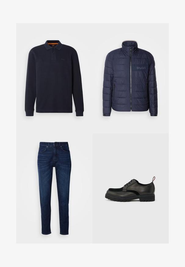 Veste matelassée bleu marine avec un col montant, fermeture éclair, deux poches latérales et un écusson logo 'BOSS' texturé sur la poitrine.; Polo shirt à manches longues bleu marine en tissu texturé avec une ouverture pour le col boutonnée. Présente un petit logo brodé sur la poitrine.; Jean en denim bleu foncé avec une coupe droite, comportant des poches et une fermeture à bouton à la taille. Texture douce, détails de décoloration minimes.; Chaussure noire en cuir à lacets avec semelle épaisse crantée et languette rouge à l'arrière, vue de profil sur un fond gris clair.