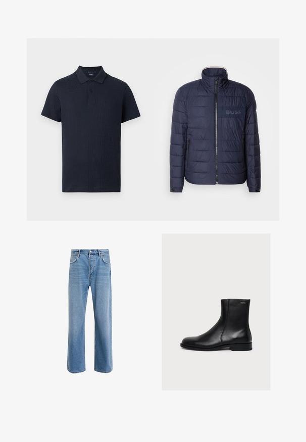 Σκούρο μπλε πούφρ jacket με ψηλό γιακά, κλείσιμο με φερμουάρ, δύο πλαϊνές τσέπες και υφασμάτινη ετικέτα λογότυπου 'BOSS' στο στήθος.; Κοντομάνικο πόλο μπλουζάκι σε ναυτικό μπλε χρώμα με διακριτικό υφασμάτινο μοτίβο, κούμπωμα με δύο κουμπιά και απαλό γιακά.; Ανοιχτό μπλε τζιν παντελόνι με ευθεία γραμμή, πέντε τσέπες, κλείσιμο με κουμπί, ελάχιστη φθορά και αντίθετες ραφές.; Μαύρο λείο δερμάτινο μποτάκι αστραγάλου με χαμηλό τακούνι και πλαϊνό φερμουάρ, με την ετικέτα Hugo κοντά στην επάνω άκρη.