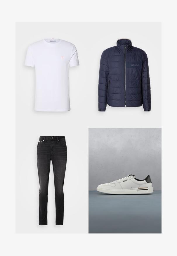 Navyblaue Steppjacke mit hohem Kragen, Reißverschluss, zwei seitlichen Taschen und einem strukturierten "BOSS"-Logopatch auf der Brust.; Weißes Baumwoll-T-Shirt mit kurzen Ärmeln, das ein kleines orangefarbenes "II"-Logo auf der linken Brust und einen Rundhalsausschnitt aufweist. Einfaches Design und Textur.; Schwarze Jeans aus Denim mit schmaler Passform, fünf Taschen und Knopfverschluss. Mit einem subtilen Verblassen und Nähakzenten an den Taschen.; Weißer Sneaker mit niedrigem Schnitt und schwarzer Ferse, Schnürverschluss, dezenten Perforationen und "BOSS"-Logo an der Seite, gezeigt von der äußeren Seitenansicht.