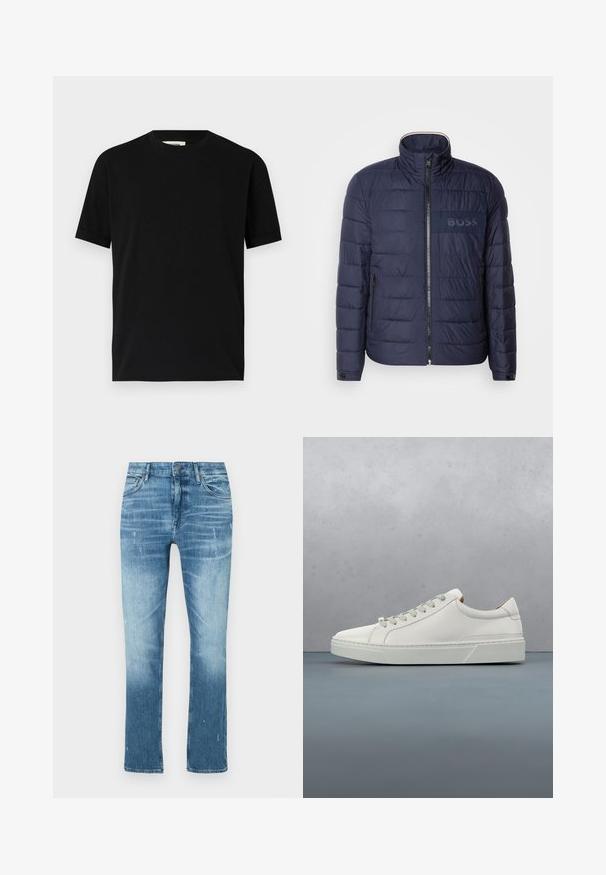 Veste matelassée bleu marine avec un col montant, fermeture éclair, deux poches latérales et un écusson logo 'BOSS' texturé sur la poitrine.; T-shirt noir à manches courtes en coton avec un col rond et une coupe ample. Texture lisse, sans motifs ni logos visibles.; Jean droit bleu clair en denim, avec une finition délavée, des légères distorsions et un design traditionnel à cinq poches.; Baskets en cuir blanc avec un bout arrondi, design minimaliste, lacets gris et semelle en caoutchouc gris texturé. Détails de couture subtils visibles.