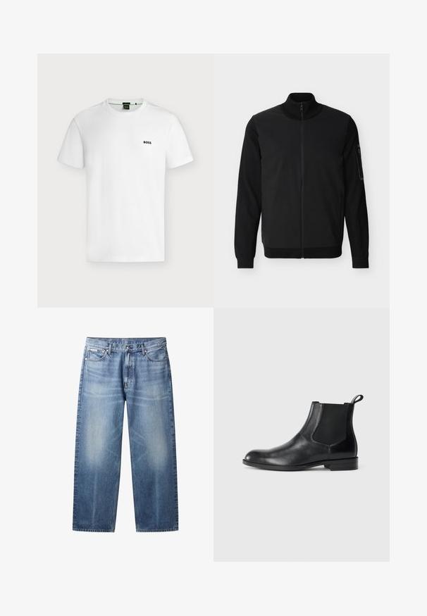 Schwarze Jacke mit durchgehendem Reißverschluss, geripptem Kragen, Bündchen und Saum, mit einer Reißverschlusstasche am linken Ärmel.; Schlichtes weißes T-Shirt mit kurzen Ärmeln und kleinem schwarzen "BOSS"-Logo auf der linken Brust, vor hellem Hintergrund gezeigt.; Hellblaue Jeans mit geradem Bein, ausgewaschenen Bereichen, fünf Taschen, Knopfverschluss und Calvin Klein-Label an der rechten Vordertasche.; Schwarze Leder-Stiefelette mit elastischen Seiteneinsätzen, abgerundeter Zehenpartie und einem Zugschlauf. Glatte Textur, flache Sohle, minimalistisches Design.