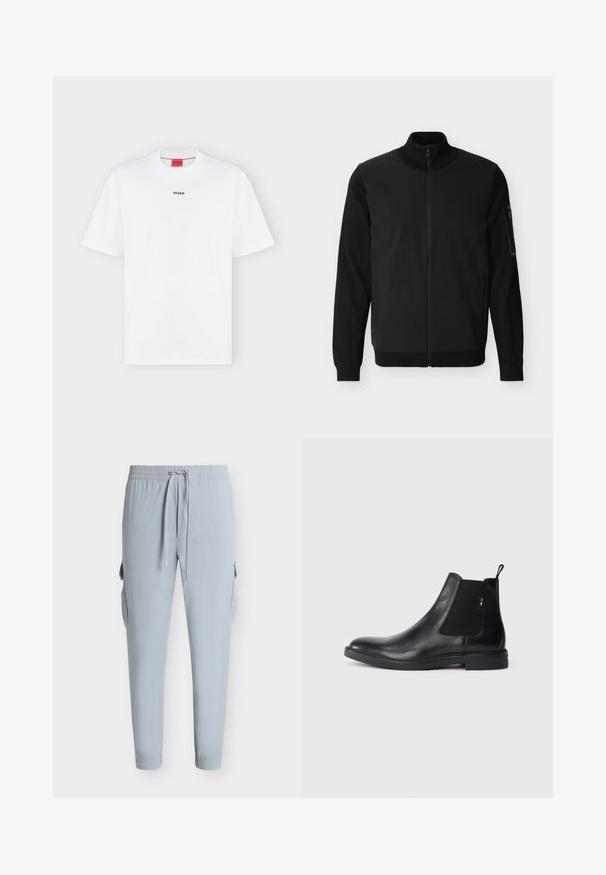 Schwarze Jacke mit durchgehendem Reißverschluss, geripptem Kragen, Bündchen und Saum, mit einer Reißverschlusstasche am linken Ärmel.; Weißes T-Shirt mit kurzen Ärmeln und kleinem schwarzem "HUGO" Logo mittig auf der Brust und einem roten Etikett innen im Kragen.; Hellgraue Jogginghose mit elastischem Bund und Kordelzug, seitlichen Cargotaschen und zulaufenden Beinen mit Bündchen.; Schwarze Leder Chelsea-Boots mit elastischen seitlichen Einsätzen, einer Zugschlaufe und einer flachen Gummisohle. Glatte Textur mit minimaler Ausgestaltung.