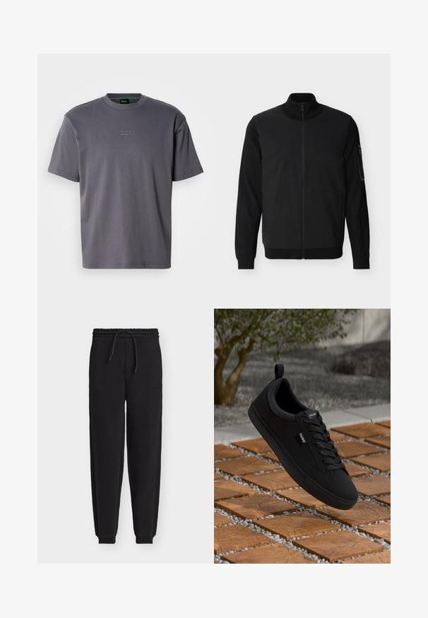 Veste noire à fermeture éclair intégrale avec col, poignets et ourlet côtelés, dotée d'une poche zippée sur la manche gauche.; T-shirt en coton gris avec col rond, manches courtes et logo "BOSS" en relief sur la poitrine. Texture lisse, coupe décontractée.; Pantalon de jogging noir avec taille élastique, cordon de serrage, jambes fuselées, chevilles à bords-côtes et petite pièce sur la cuisse droite.; Baskets basses noires en cuir texturé, avec des lacets plats et un tag en boucle, présentées au-dessus d'une surface carrelée à motifs avec des galets.