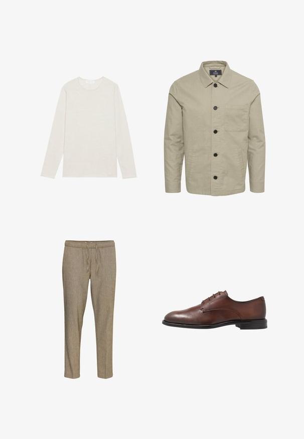Beige kravejakke med knaplukning, udstyret med sorte knapper, en lomme på venstre bryst og sidelommer. Lavet af glat stof.; Creme langærmet t-shirt lavet af blødt strikket stof. Har en rund halsudskæring og en afslappet pasform uden synlige mønstre eller accenter.; Beige tapered bukser lavet af tekstureret stof, med en elastisk talje med snor og uden synlige lommer.; Brune læder dress sko med en glat finish, rund tå, fire snørehuller og en lav sort gummihæl. Enkel design uden mønstre.