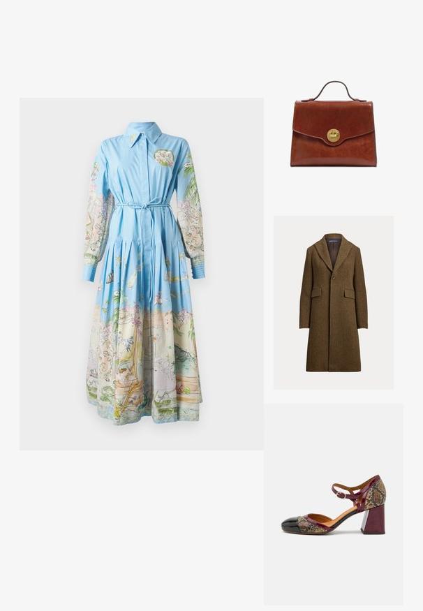 Long manteau marron en laine mélangée à motif chevron, revers crantés, fermeture par un bouton et deux poches avant à rabat, entièrement doublé.; Robe bleu clair avec de longues manches imprimées présentant des illustrations colorées ; col, taille cintrée et jupe plissée.; Chaussure à talon avec un bout en cuir verni noir, une bride bordeaux et une tige en textile à motif serpent ; dotée d'un grand talon block.; Sac à main en cuir marron avec une poignée supérieure et une fermeture à tourniquet ronde dorée sur le rabat avant.