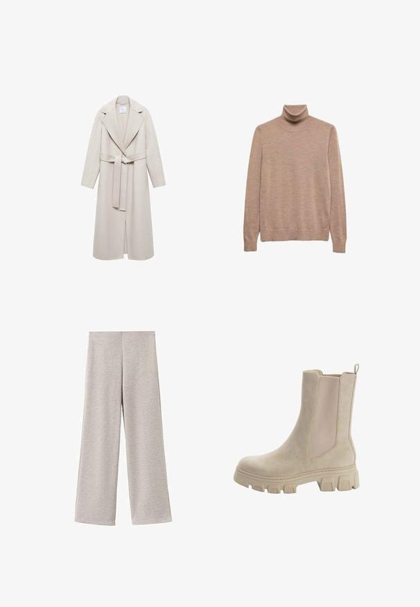 Lys beige frakke med skråskåret revers, lange ærmer og taljebælte. Lavet af et blødt stof med en glat tekstur, præget af et minimalistisk design.; Beige turtleneck sweater lavet af blødt materiale, med lange ærmer og en tætsiddende pasform med ribbet krave og kant.; Lysegrå bukser med vide ben lavet af blødt stof. De har en glat tekstur og et simpelt, enkelt design uden lommer eller beslag.; Beige Chelsea støvler med en glat læderoverdel og elastiske sidepaneler. Tyk, robust gummisål med karakteristisk mønster og trækstrop.