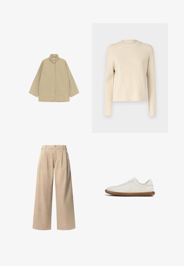 Beige, loszittend jack met hoge kraag, lange wijde mouwen, drukknoopsluiting aan de voorkant en steekzakken aan de zijkant, plat weergegeven op een witte achtergrond.; Geribbelde gebreide trui in roomkleur met een ronde hals, lange mouwen en een rechte pasvorm. Zachte textuur met subtiele tonale variaties door het geheel.; Beige wijde broek met twee voorplooien, een knoopsluiting en een gladde textuur. Ontworpen voor comfort en een losse pasvorm.; Lichtbruine sneakers gemaakt van zachte stof met een gladde textuur. Rond punt, zes oogjes en een flexibele bruine rubberen zool.