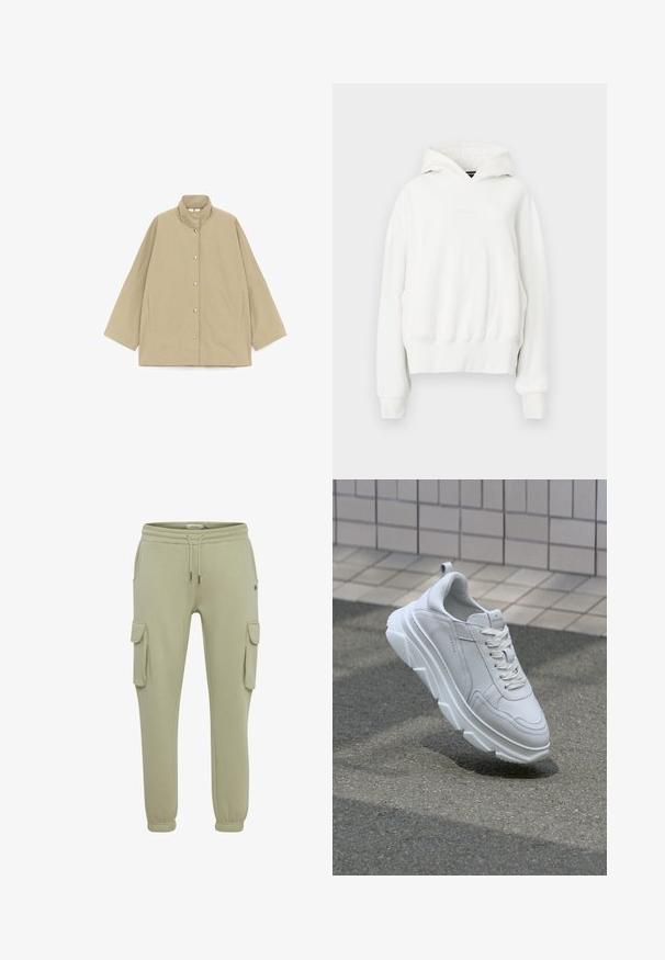 Beige, loszittend jack met hoge kraag, lange wijde mouwen, drukknoopsluiting aan de voorkant en steekzakken aan de zijkant, plat weergegeven op een witte achtergrond.; Witte hoodie met een ontspannen fit. Bevat een kangoeroe-pocket, geribde manchetten en een zachte, gestructureerde stof. Subtiele branding op de borst.; Lichtgroene cargobroeken van zacht stof, met zijzakken, elastische manchetten en een koordje in de taille voor een verstelbare pasvorm.; Witte leren sneaker met een dikke, gestructureerde rubberen zool, voorzien van vetersluiting en stikdetails. Rond teen- en enkelsteun ontwerp.