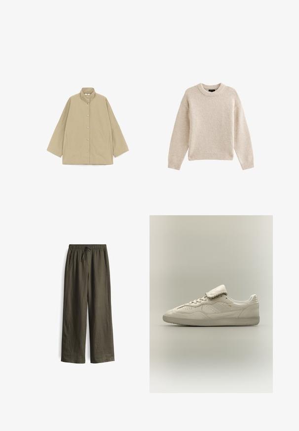 Beige, loszittend jack met hoge kraag, lange wijde mouwen, drukknoopsluiting aan de voorkant en steekzakken aan de zijkant, plat weergegeven op een witte achtergrond.; Beige gebreide trui met een ronde halslijn, lange mouwen en geribbelde zoom. Gelaagd stof met een zachte uitstraling. Eenvoudig en veelzijdig ontwerp.; Olijfgroene, losse broek met een elastische tailleband en trekkoord, voorzien van zijzakken en een lichtgewicht, gestructureerde stof.; Witte lage sneaker met gestructureerde zool, veters aan de voorkant, gevoerde tong en subtiele gouden branding aan de zijkant, getoond op een neutrale achtergrond.