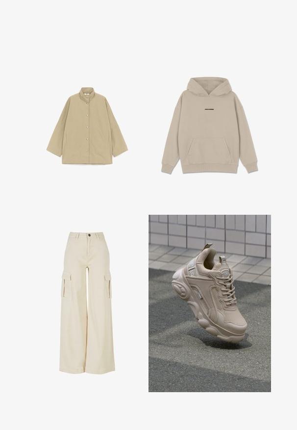 Veste beige ample avec col montant, manches longues larges, boutons-pression à l'avant et poches fendues sur les côtés, présentée à plat sur fond blanc.; Pegador CLARITA LOGO OVERSIZED HOODIE - Sweat à capuche - washed cozy beige black; Pantalons cargo larges beige en coton, dotés de deux grandes poches latérales, d'un bouton de fermeture à l'avant et d'un ourlet soigné.; Baskets de sport beiges avec une tige en mesh et synthétique, un col rembourré et une semelle épaisse avec des accents texturés. Marque visible sur le côté.