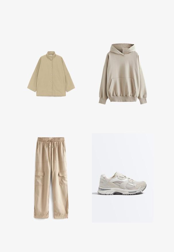 Beige, løstsiddende jakke med høj krave, lange brede ærmer, knapper foran og sidelommer med slidser, vist fladt på hvid baggrund.; Beige hættetrøje, blødt stof, løstsiddende pasform, frontlomme i kangaroo-stil, ribbede manchetter og kant. Stof er glat med let stræk.; Beige cargo bukser lavet af letvægtsstof, med elastisk talje, snor og flere store frontlommer.; Beige og hvid sportssneaker med mesh- og ruskindspaneler, snørelukning og tyk polstret sål med gråt mønster.
