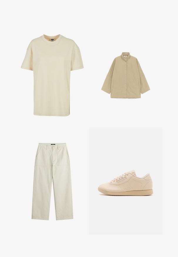Veste beige ample avec col montant, manches longues larges, boutons-pression à l'avant et poches fendues sur les côtés, présentée à plat sur fond blanc.; T-shirt à col rond de couleur crème en coton doux. Il présente des manches courtes et une coupe décontractée, sans motifs ni accents visibles.; Pantalons larges de couleur crème en tissu texturé. Présente deux poches avant et une fermeture à bouton. Coupe droite à l'ourlet.; Baskets en cuir beige avec un bout rond, semelle en caoutchouc plate, six œillets et des perforations discrètes sur les côtés. Design simple et épuré.