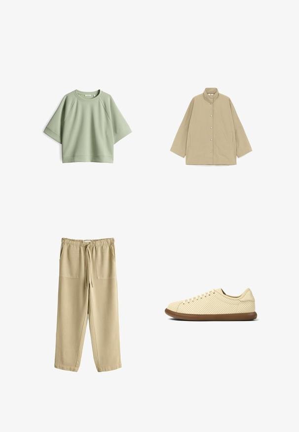Beige, locker sitzende Jacke mit hohem Kragen, langen weiten Ärmeln, vorderen Druckknöpfen und seitlichen Eingrifftaschen, flach auf weißem Hintergrund präsentiert.; Hellgrünes, oversized Sweatshirt mit Rundhalsausschnitt, Raglanärmeln und weicher Textur. Verfügt über einen gerippten Halsausschnitt und Saum.; Beige Freizeithose mit elastischem Bund, Kordelzugverschluss und zwei aufgesetzten Fronttaschen, dargestellt vor weißem Hintergrund.; Beiger Sneaker mit niedrigem Schaft aus perforiertem Leder, Schnürverschluss und brauner Gummisohle, von der Außenseite auf weißem Hintergrund gezeigt.