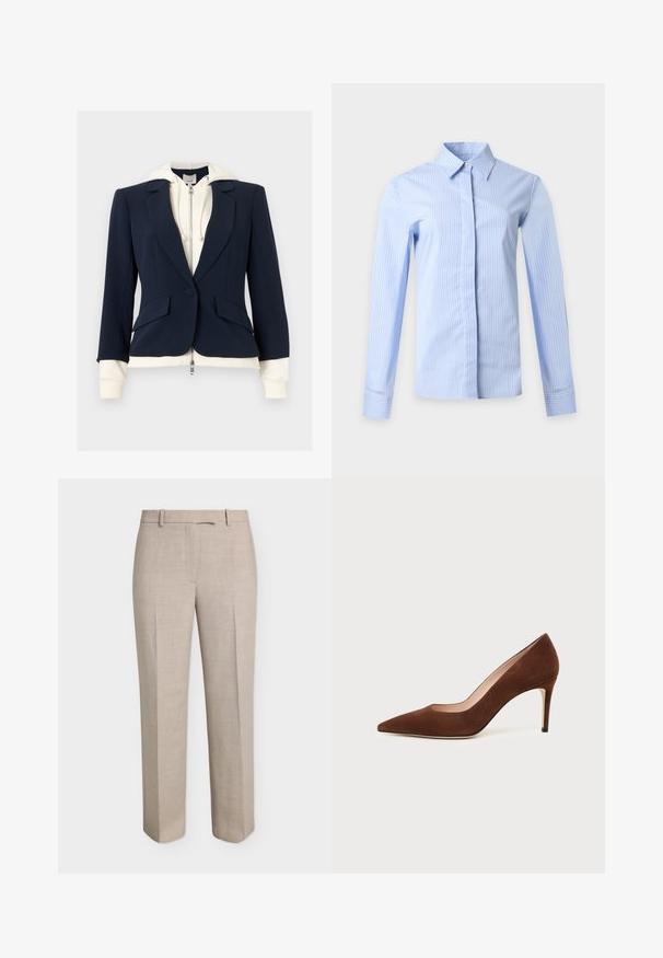 Blazer bleu marine sur mesure superposé à un sweat à capuche crème zippé avec cordons, montrant les poignets et l'ourlet du sweat dépassant des bords du blazer.; Chemise bleu clair à manches longues avec des rayures verticales blanches, un col pointu et une patte de boutonnage cachée sur un fond clair uni.; Pantalon beige droit sur mesure avec passants de ceinture, fermeture éclair devant et pli marqué sur fond blanc.; Chaussure à talon haut en daim marron à bout pointu avec un talon aiguille fin sur fond blanc.