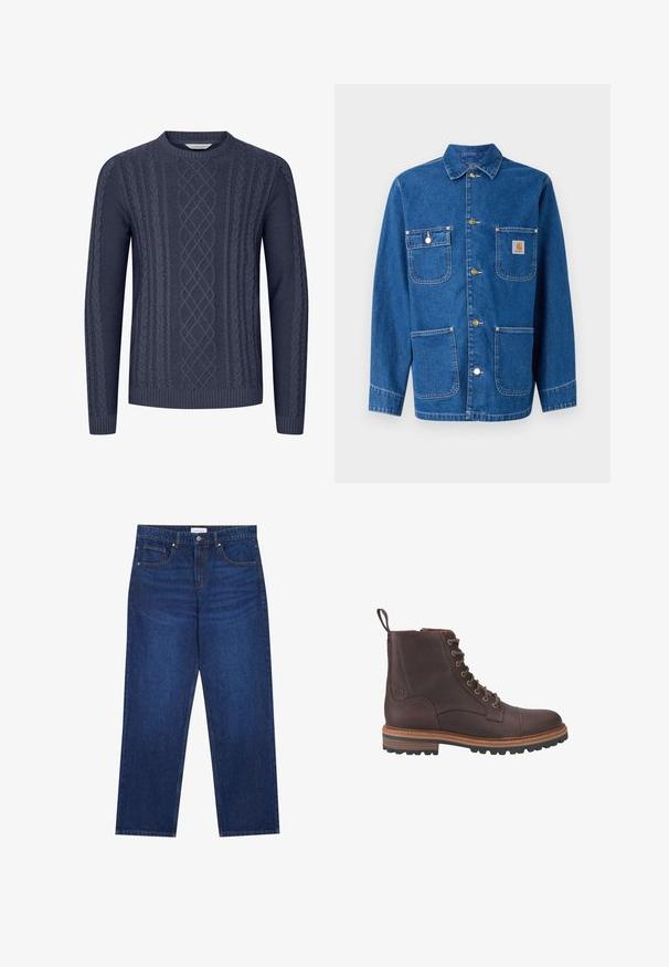 Veste en denim bleu foncé avec manches longues, fermeture à boutons sur le devant, deux poches poitrine et un écusson logo sur la poitrine gauche.; Pull en maille bleu marine avec des motifs de torsade texturés, col rond et poignets et ourlet côtelés. Fabriqué en tissu doux et durable.; Jean en denim bleu foncé avec une coupe droite, équipé d'une fermeture boutonnée et à zip, de cinq poches et de détails de couture visibles.; Bottes chevilles en cuir marron à lacets avec une finition texturée, semelles beiges contrastantes et œillets métalliques. Comprend une languette pour un enfilage facile.