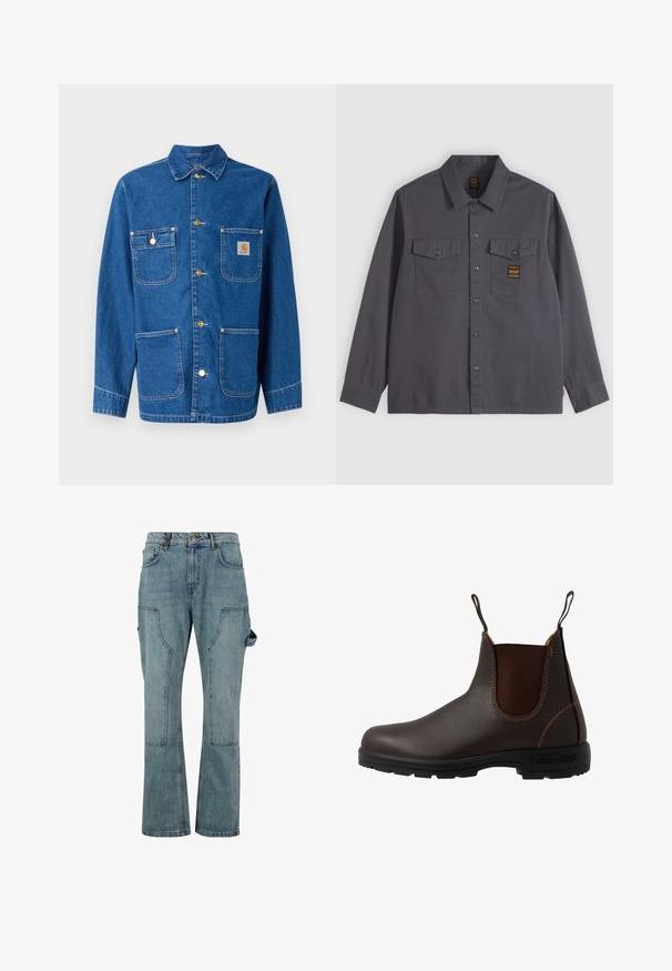 Chaqueta de denim en azul profundo con mangas largas, cierre frontal de botones, dos bolsillos en el pecho y un parche de logo en el lado izquierdo del pecho.; Camisa de manga larga de color gris oscuro con botones y dos bolsillos en el pecho, uno de ellos con una pequeña etiqueta negra y dorada.; Pantalones cargo de mezclilla azul claro con un diseño de pierna recta, que cuentan con múltiples bolsillos y un cierre de botón en la cintura.; Bota Chelsea de cuero marrón con panel elástico lateral, costuras marrones, tiradores y suela de goma resistente con un patrón texturizado.