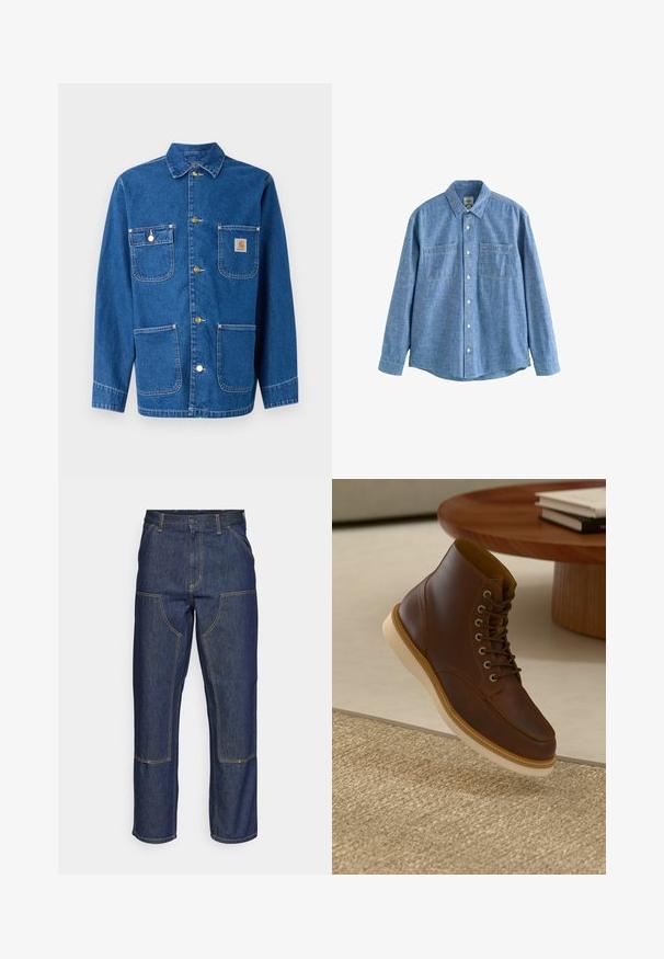Denimjack met een diepe blauwe kleur, lange mouwen, knoopsluiting aan de voorkant, twee borstzakken en een logopatch op de linkerborst.; Blauw chambray overhemd met lange mouwen, knoopsluiting aan de voorkant en twee borstzakken, plat gelegd op een witte achtergrond.; Donkerblauwe denim jeans met een hoge taille, rechte pijpen, contrasterende stiksels en opgestikte zakken aan de voorkant.; Bruine leren enkelboot met beige zool op een gestructureerd beige vloerkleed naast een ronde houten tafel met opgestapelde boeken.