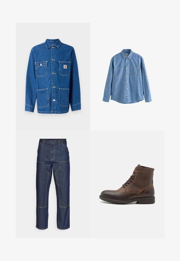 Denimjack met een diepe blauwe kleur, lange mouwen, knoopsluiting aan de voorkant, twee borstzakken en een logopatch op de linkerborst.; Blauw chambray overhemd met lange mouwen, knoopsluiting aan de voorkant en twee borstzakken, plat gelegd op een witte achtergrond.; Donkerblauwe denim jeans met een hoge taille, rechte pijpen, contrasterende stiksels en opgestikte zakken aan de voorkant.; Jack & Jones JFWDELANEY BOOT - Veterboots - cognac
