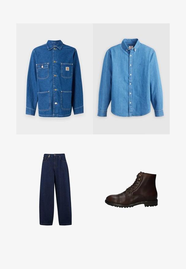 Jeansjacke in tiefblau mit langen Ärmeln, Knopfverschluss auf der Vorderseite, zwei Brusttaschen und einem Logopatch auf der linken Brust.; Hellblaues Jeanshemd mit langen Ärmeln, button-down Kragen und weißen Knöpfen. Verfügt über ein kleines besticktes Logo auf der Brust.; Lässige, dunkelblaue Denim-Jeans mit hoher Taille, Fronttaschen und geradem Bein. Enthält silberfarbene Hardware und minimalistische Nähte.; Dunkelbraune Leder Schnürstiefelette mit robustem Gummisohlen und Metallösen, von der Außenseite betrachtet.