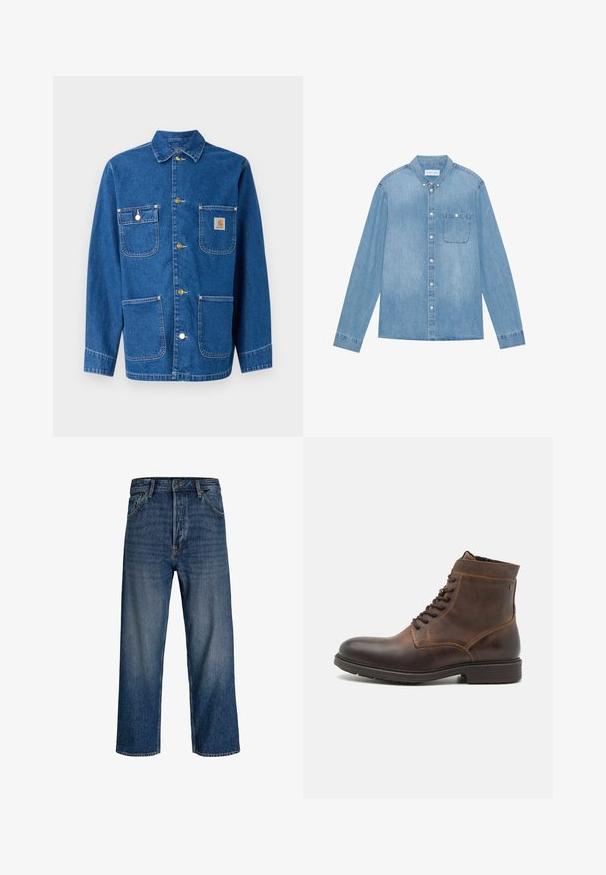 Jeansjacke in tiefblau mit langen Ärmeln, Knopfverschluss auf der Vorderseite, zwei Brusttaschen und einem Logopatch auf der linken Brust.; Hellblaues Denim-Hemd mit Knopfleiste, langen Ärmeln, spitzem Kragen, einer Brusttasche und dezentem Verblassen des Stoffes.; Jeans aus Denim mit geradem Bein, dunkelblauer Farbe und subtilen Verblassungen. Verfügt über fünf Taschen und einen Knopfverschluss.; Jack & Jones JFWDELANEY BOOT - Schnürstiefelette - cognac
